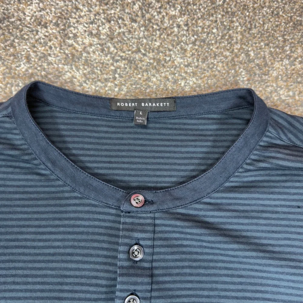Robert Barakett Mens Long Sleeve Henley Shirt Striped Blue Grey Cotton Modal L